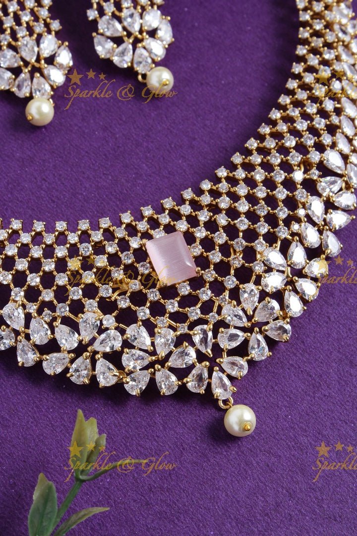 Stunning floral american diamond short necklace - Pink - Sparkle and Glow - Pink - Back Thread