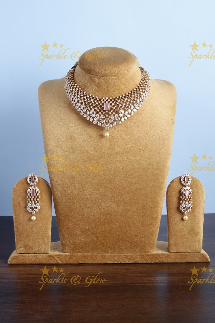 Stunning floral american diamond short necklace - Pink - Sparkle and Glow - Pink - Back Thread