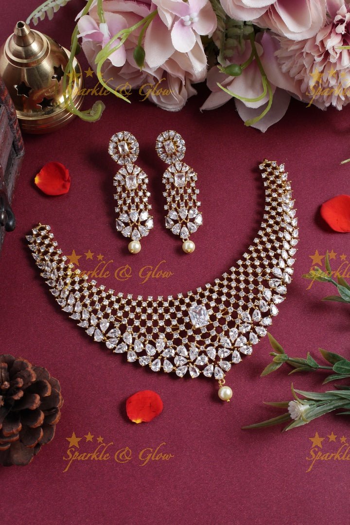Stunning floral american diamond short necklace - Pink - Sparkle and Glow - White - Back Thread
