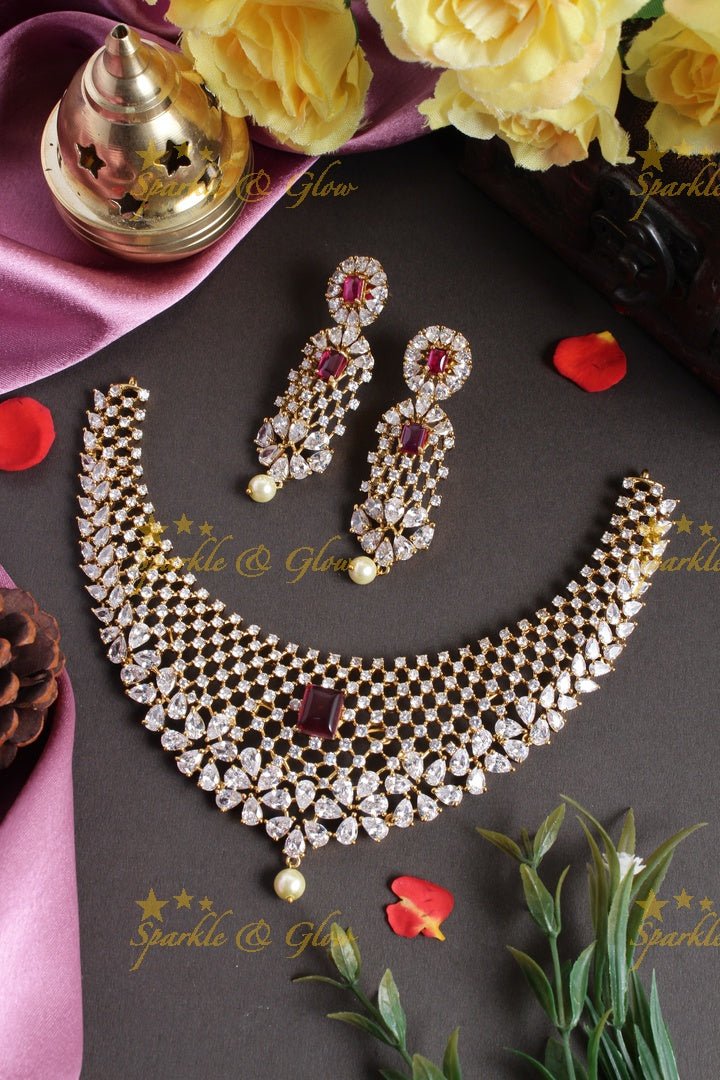 Stunning floral american diamond short necklace - Pink - Sparkle and Glow - Red - Back Thread