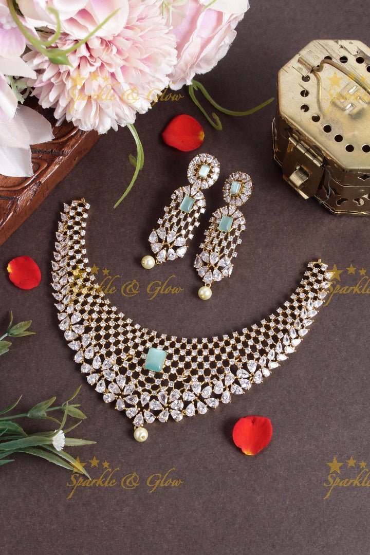 Stunning floral american diamond short necklace - Pink - Sparkle and Glow - Mint Green - Back Thread