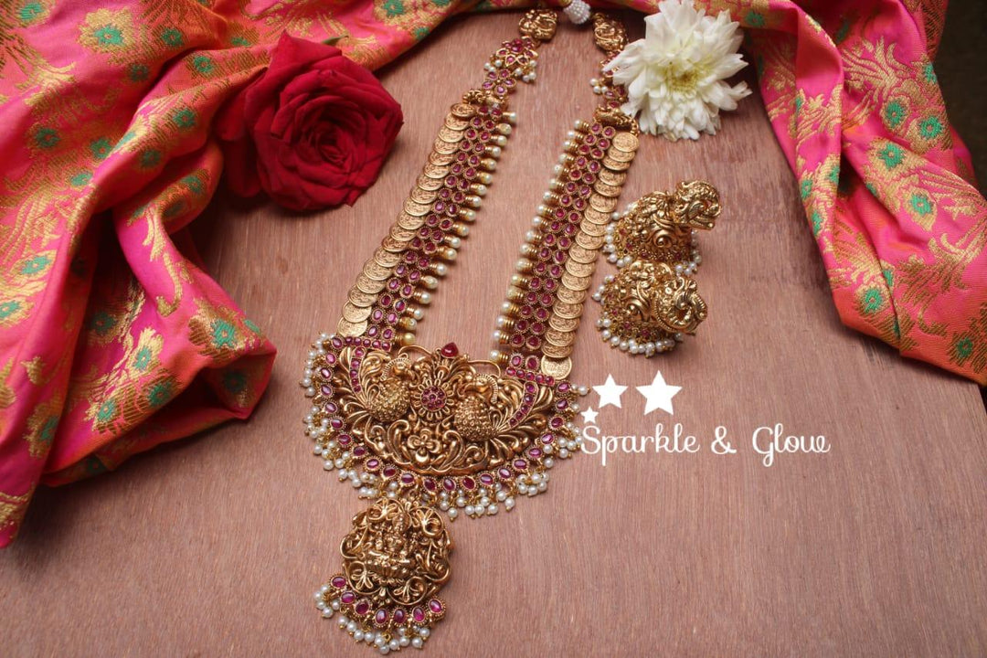 Gold alike polished statement coin lakshmi haram with kemp stones - Multi - Sparkle and Glow