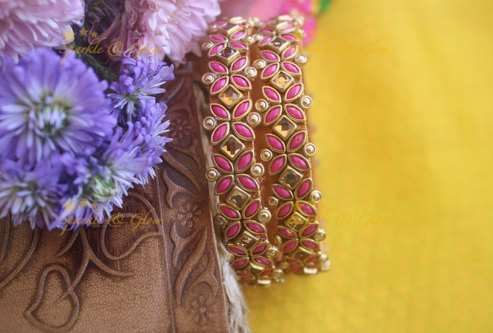 Silk thread flower design bangle a pair -Pink Gold
