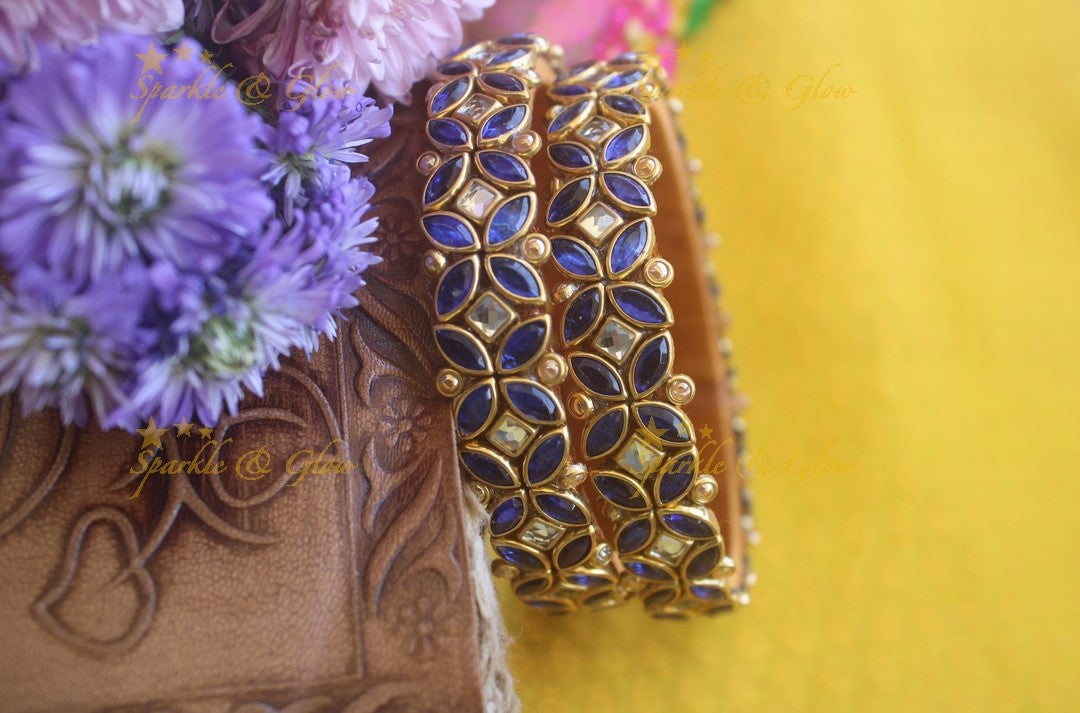 Silk thread flower design bangle a pair -Blue White
