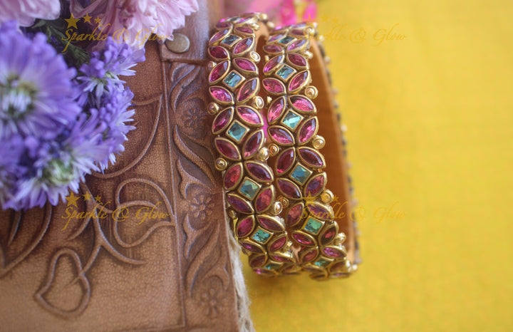 Silk thread flower design bangle a pair -Pink BLue