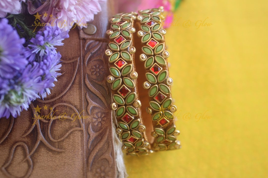 Silk thread flower design bangle a pair -Olive Green Red