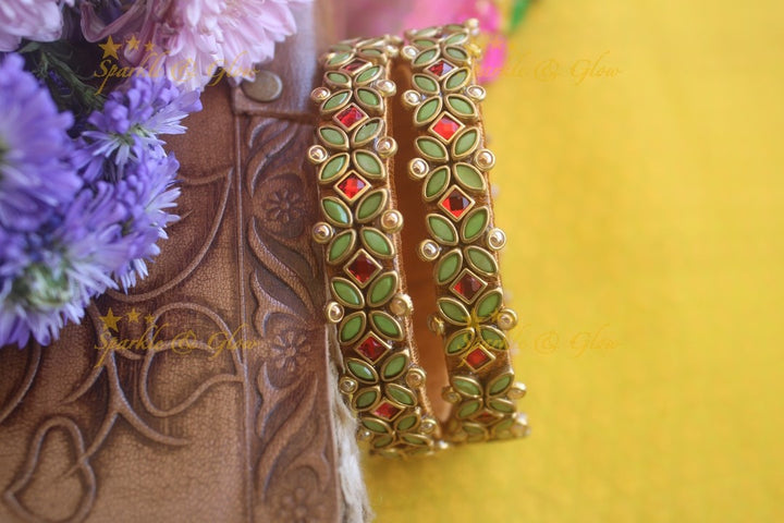 Silk thread flower design bangle a pair -Olive Green Red