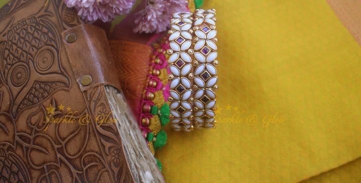 Silk thread flower design bangle a pair -White Blue