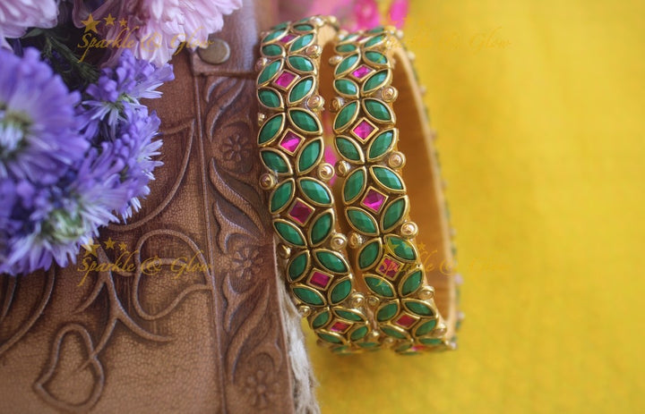 Silk thread flower design bangle a pair -Matte Green Pink