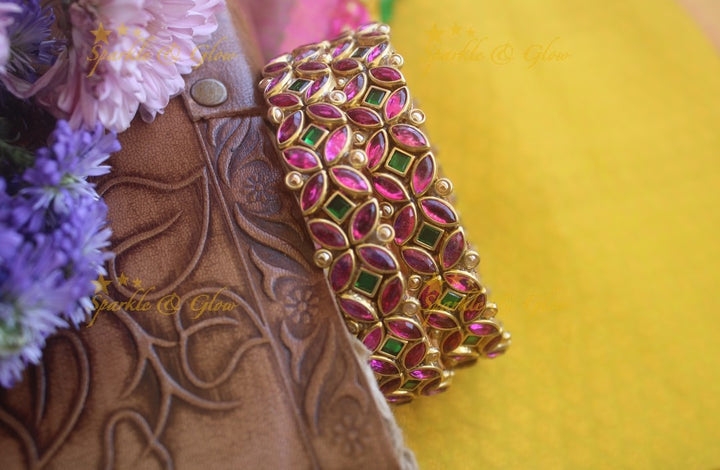 Silk thread flower design bangle a pair -Pink Green