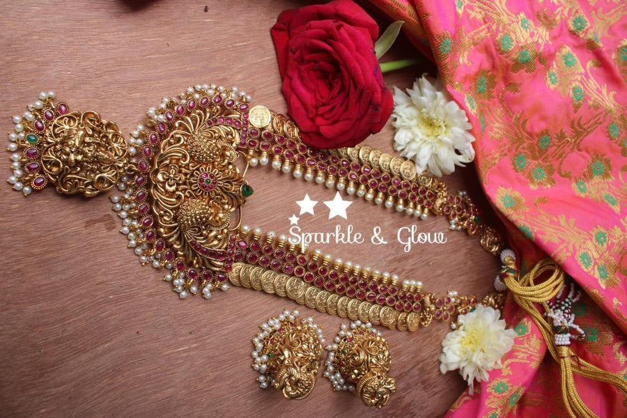 Gold alike polished statement coin lakshmi haram with kemp stones - Multi - Sparkle and Glow