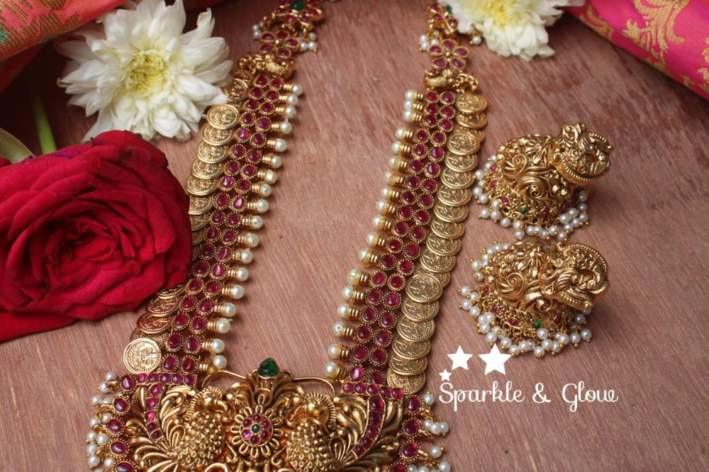 Gold alike polished statement coin lakshmi haram with kemp stones - Multi - Sparkle and Glow