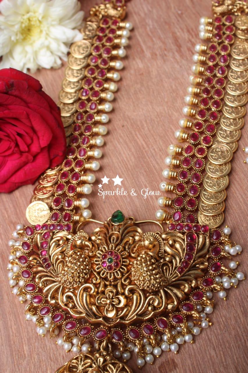 Gold alike polished statement coin lakshmi haram with kemp stones - Multi - Sparkle and Glow