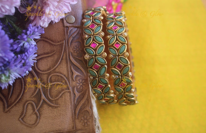 Silk thread flower design bangle a pair -Green PInk