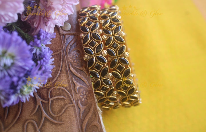 Silk thread flower design bangle a pair -Black