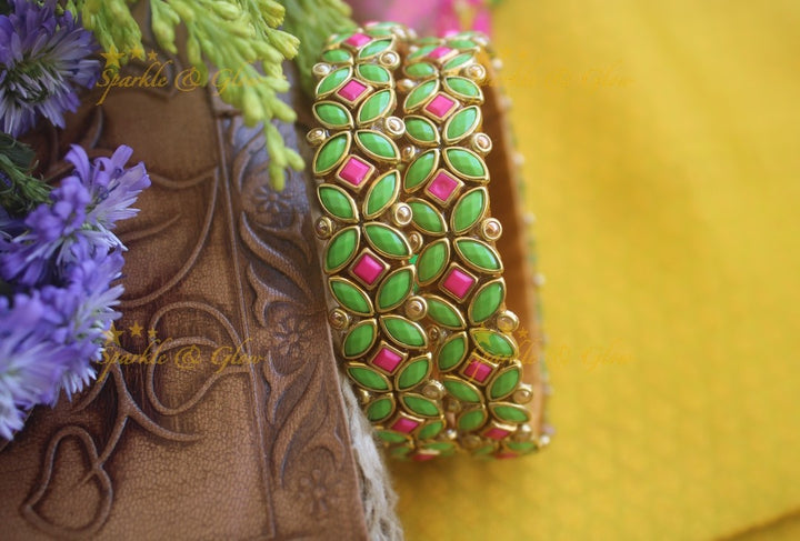 Silk thread flower design bangle a pair -Paroot Green