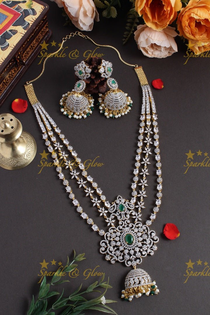 GJ Polish three layered floral AD necklace with beautiful jhumkas - Green - Sparkle and Glow - Green - Back Thread