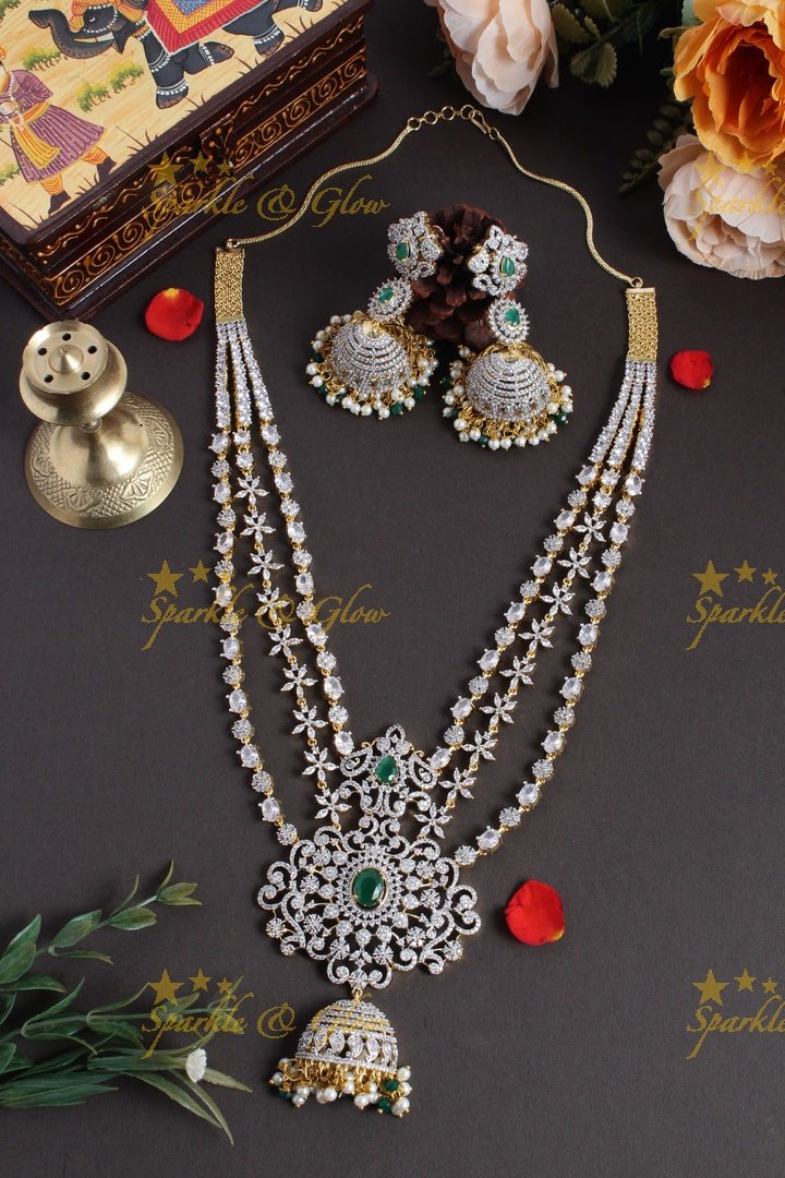 GJ Polish three layered floral AD necklace with beautiful jhumkas - Green - Sparkle and Glow - Green - Back Thread