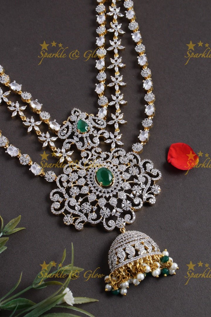 GJ Polish three layered floral AD necklace with beautiful jhumkas - Green - Sparkle and Glow - Green - Back Thread