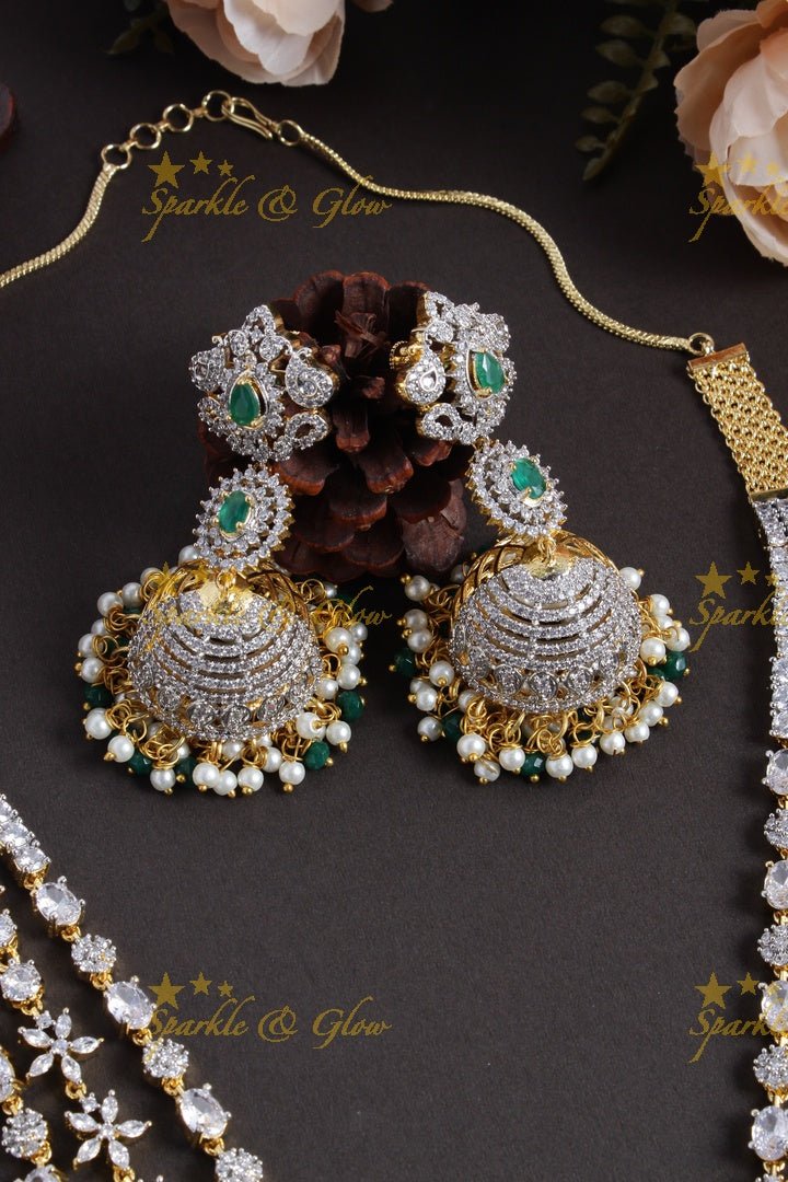 GJ Polish three layered floral AD necklace with beautiful jhumkas - Green - Sparkle and Glow - Green - Back Thread