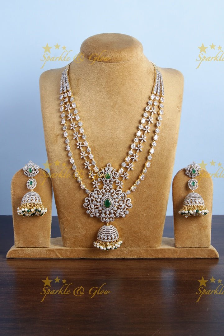 GJ Polish three layered floral AD necklace with beautiful jhumkas - Green - Sparkle and Glow - Green - Back Thread