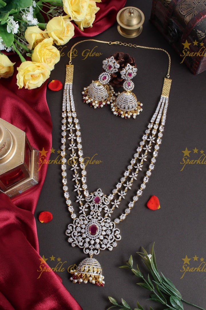 GJ Polish three layered floral AD necklace with beautiful jhumkas - Green - Sparkle and Glow - Green - Back Thread