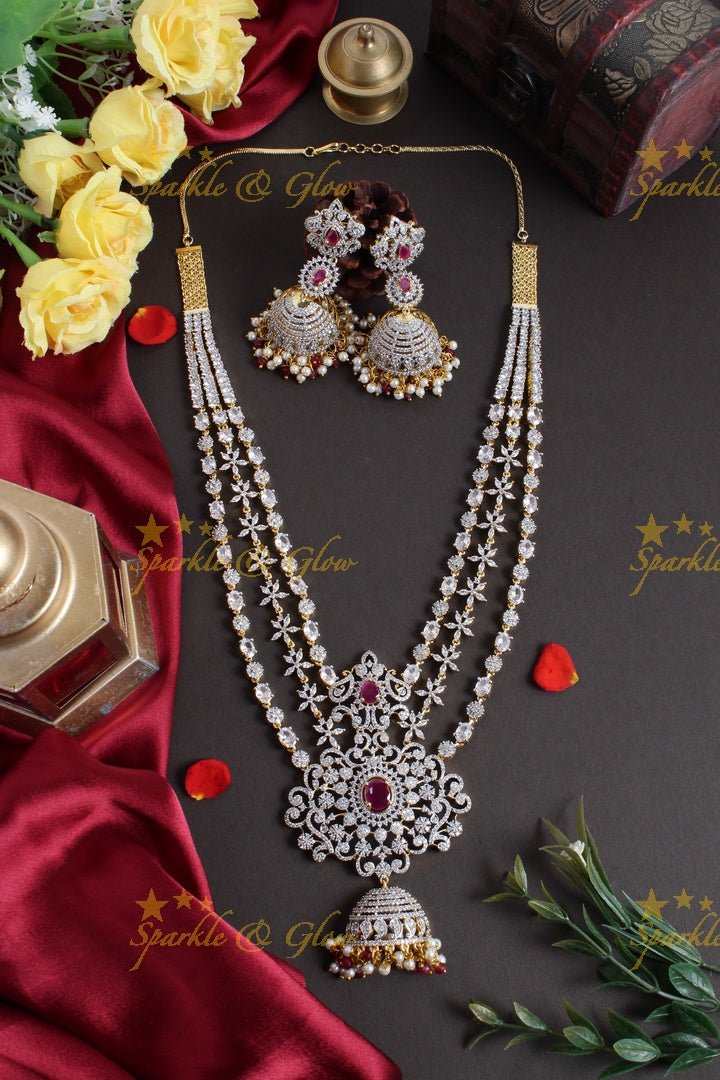 GJ Polish three layered floral AD necklace with beautiful jhumkas - Green - Sparkle and Glow - Red - Back Thread