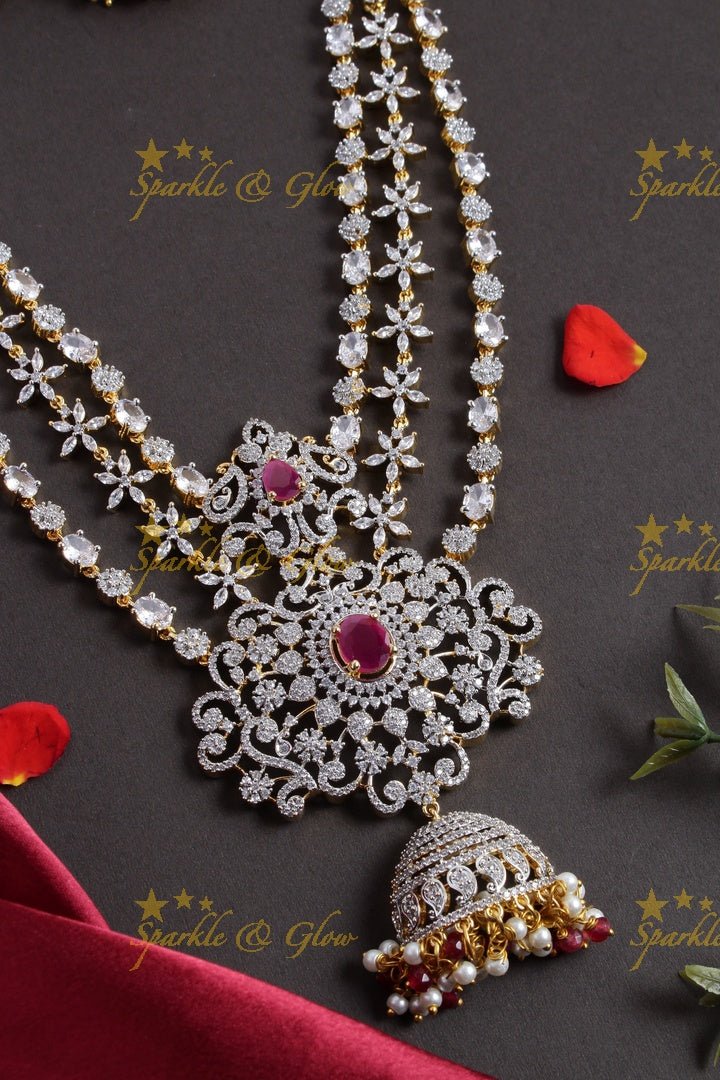 GJ Polish three layered floral AD necklace with beautiful jhumkas - Green - Sparkle and Glow - Green - Back Thread