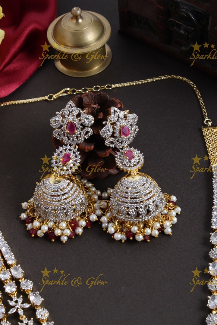 GJ Polish three layered floral AD necklace with beautiful jhumkas - Green - Sparkle and Glow - Green - Back Thread