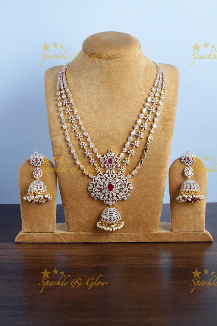 GJ Polish three layered floral AD necklace with beautiful jhumkas - Green - Sparkle and Glow - Green - Back Thread