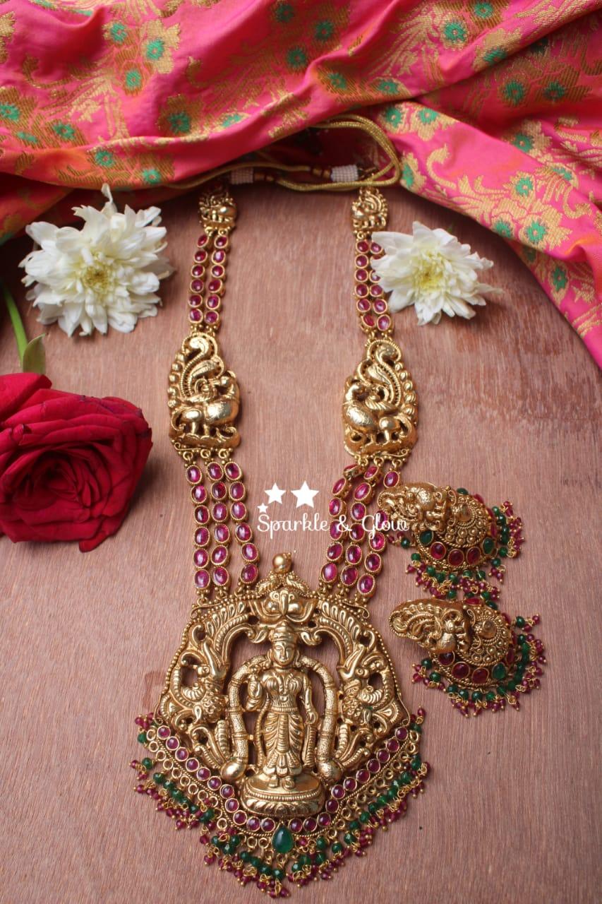 Gold alike polished statement lakshmi haram crafted with three layer kemp stones - Green - Sparkle and Glow