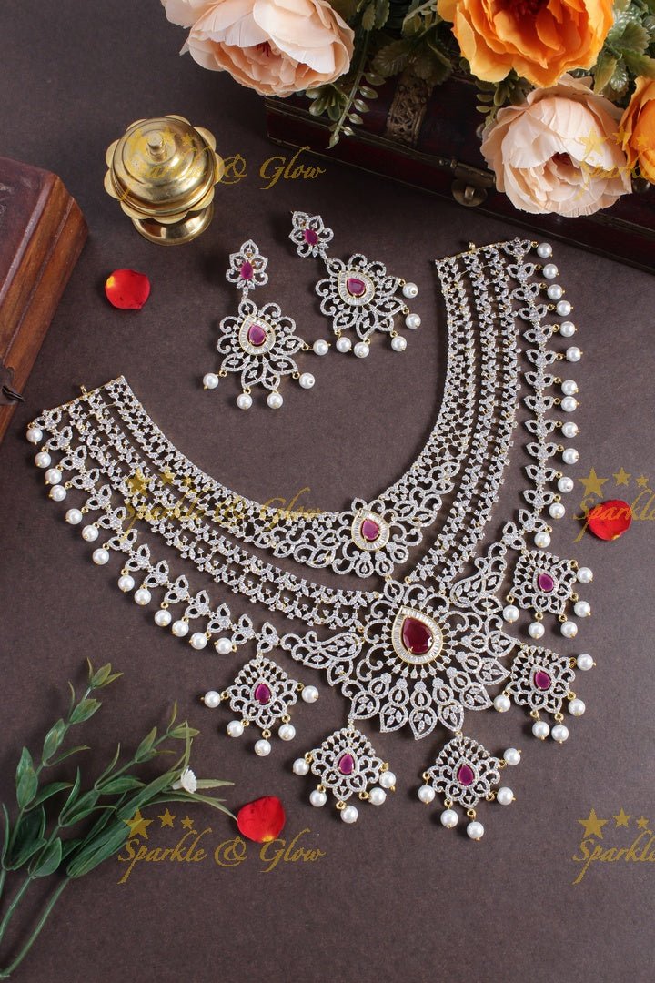 Mesmerizing multilayered gj polish AD floral necklace - Sparkle and Glow - Pink - Back Thread