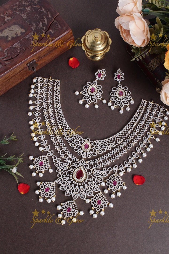 Mesmerizing multilayered gj polish AD floral necklace - Sparkle and Glow - Pink - Back Thread