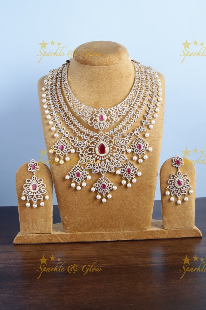 Mesmerizing multilayered gj polish AD floral necklace - Sparkle and Glow - Pink - Back Thread