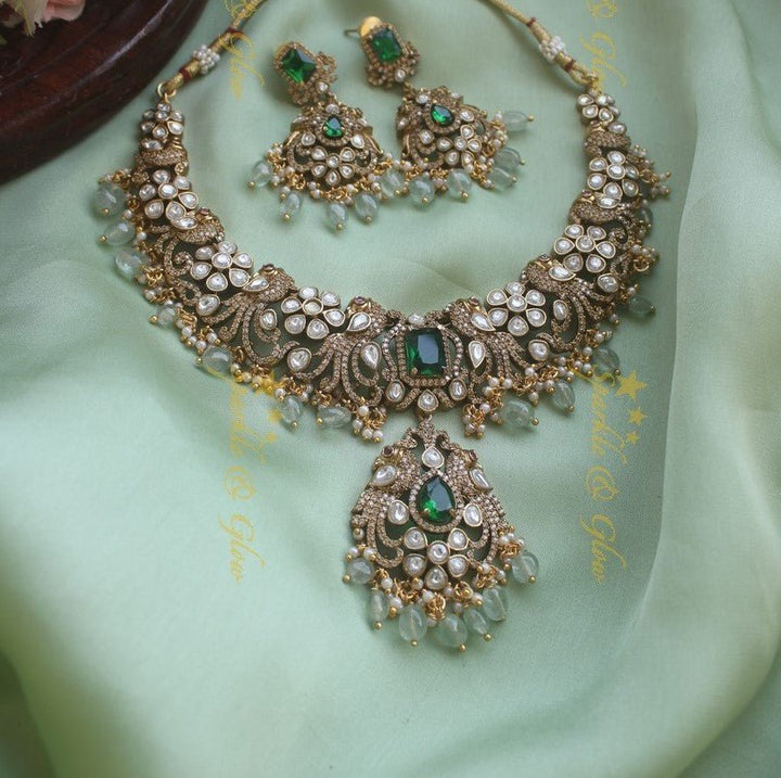 Beautiful Peacock Victorian AD necklace with pastel green beads - Sparkle and Glow - Back Thread - 