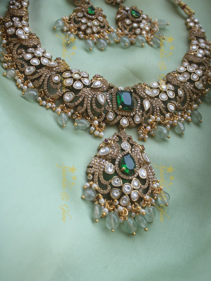Beautiful Peacock Victorian AD necklace with pastel green beads - Sparkle and Glow - Back Thread - 
