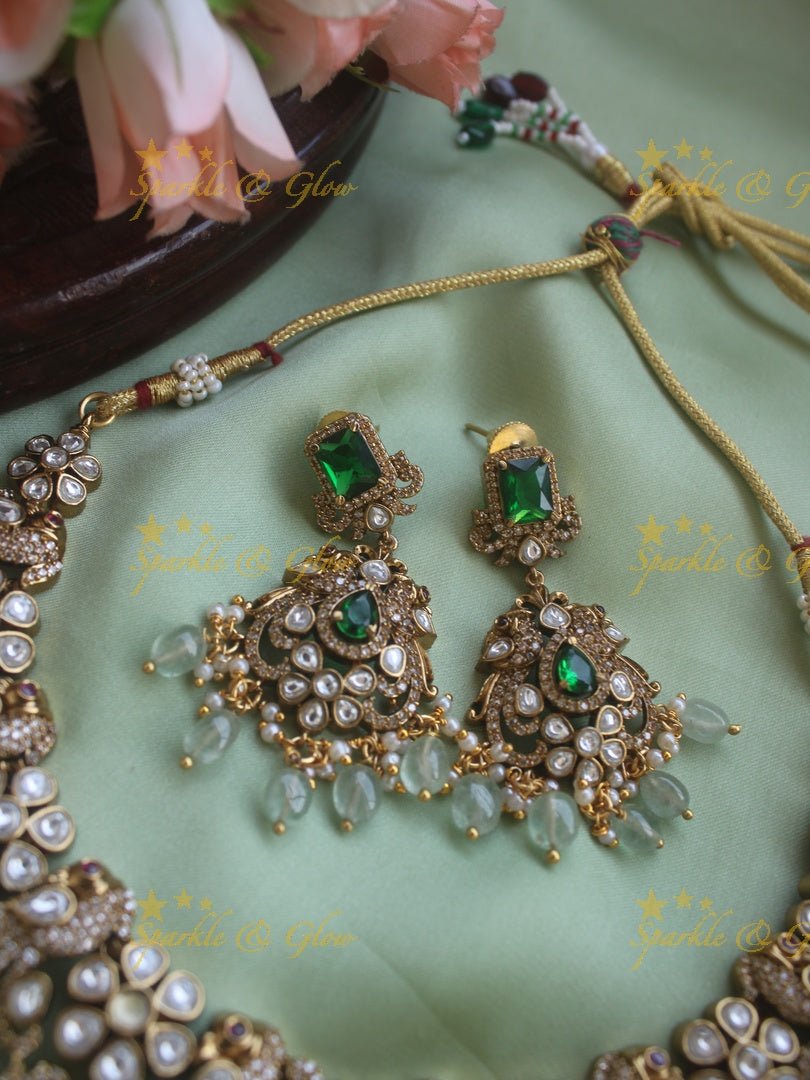 Beautiful Peacock Victorian AD necklace with pastel green beads - Sparkle and Glow - Back Thread - 
