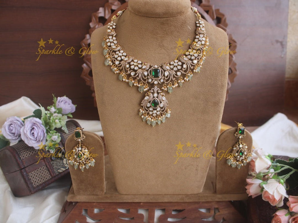 Beautiful Peacock Victorian AD necklace with pastel green beads - Sparkle and Glow - Back Thread - 