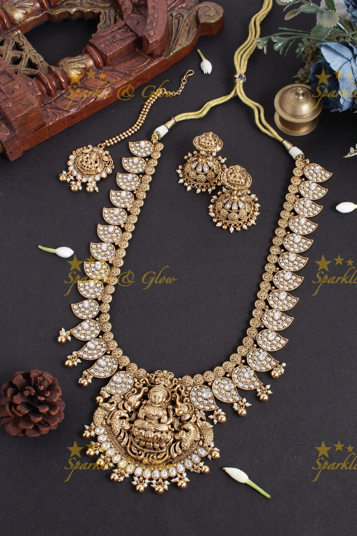 Gold alike mango lakshmi carved elephant gold beads necklace - multi