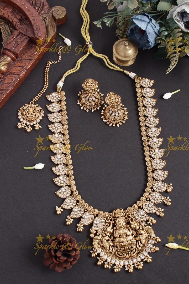 Gold alike mango lakshmi carved elephant gold beads necklace - white