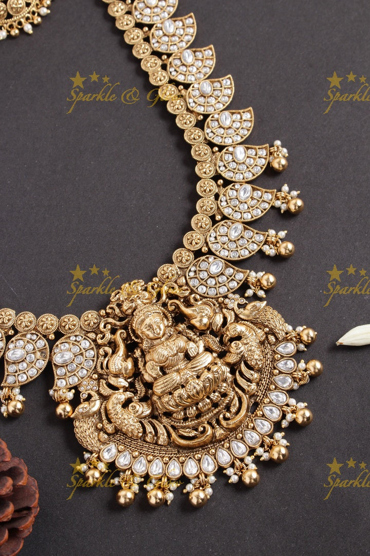 Gold alike mango lakshmi carved elephant gold beads necklace - white