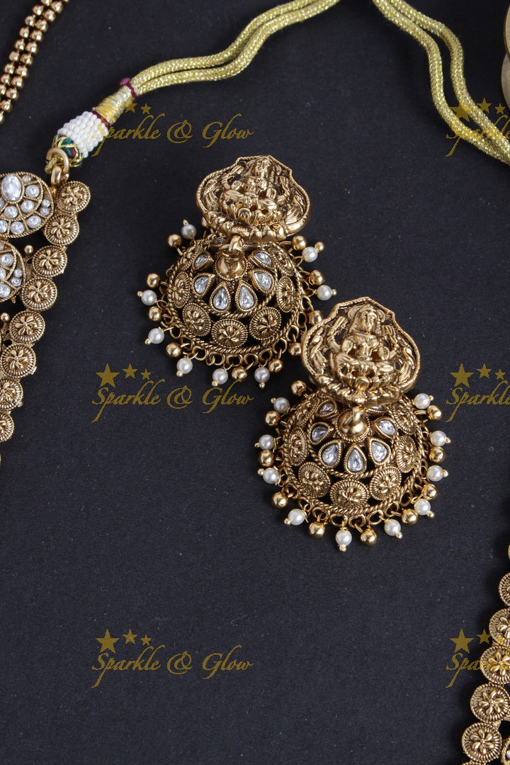 Gold alike mango lakshmi carved elephant gold beads necklace - white