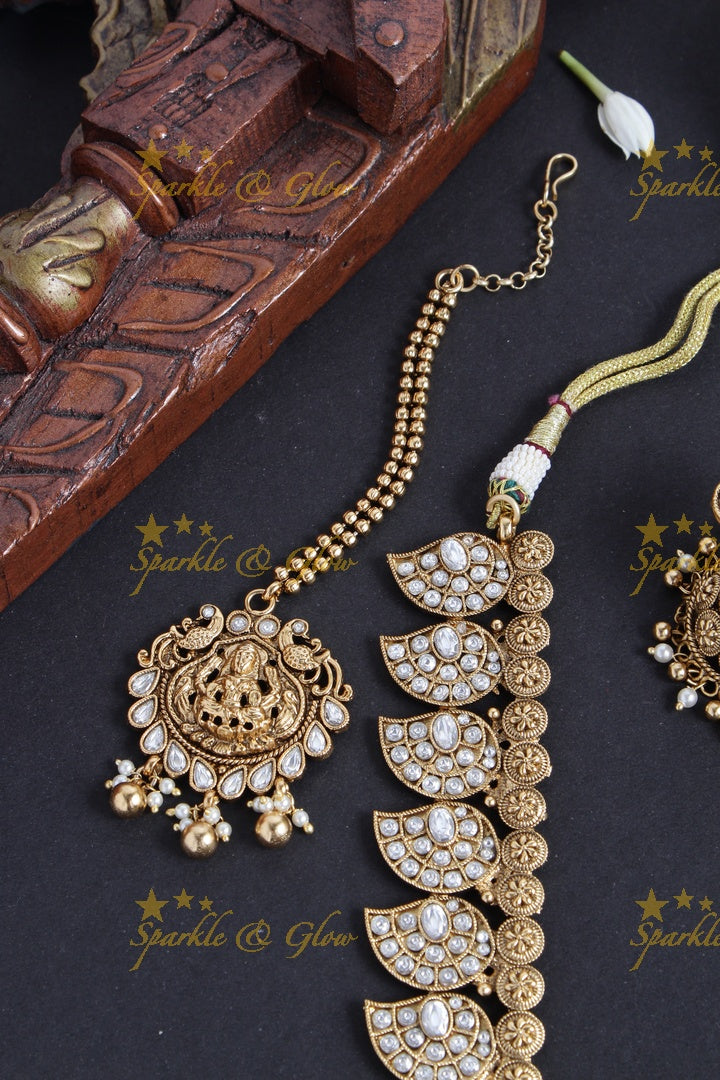 Gold alike mango lakshmi carved elephant gold beads necklace - white
