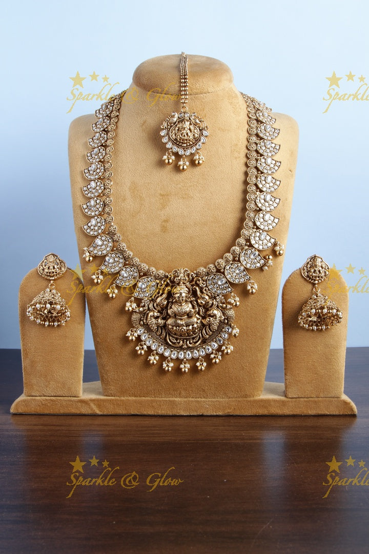 Gold alike mango lakshmi carved elephant gold beads necklace - white