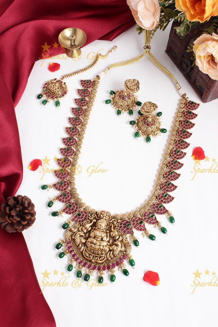 Gold alike mango lakshmi carved elephant gold beads necklace - multi