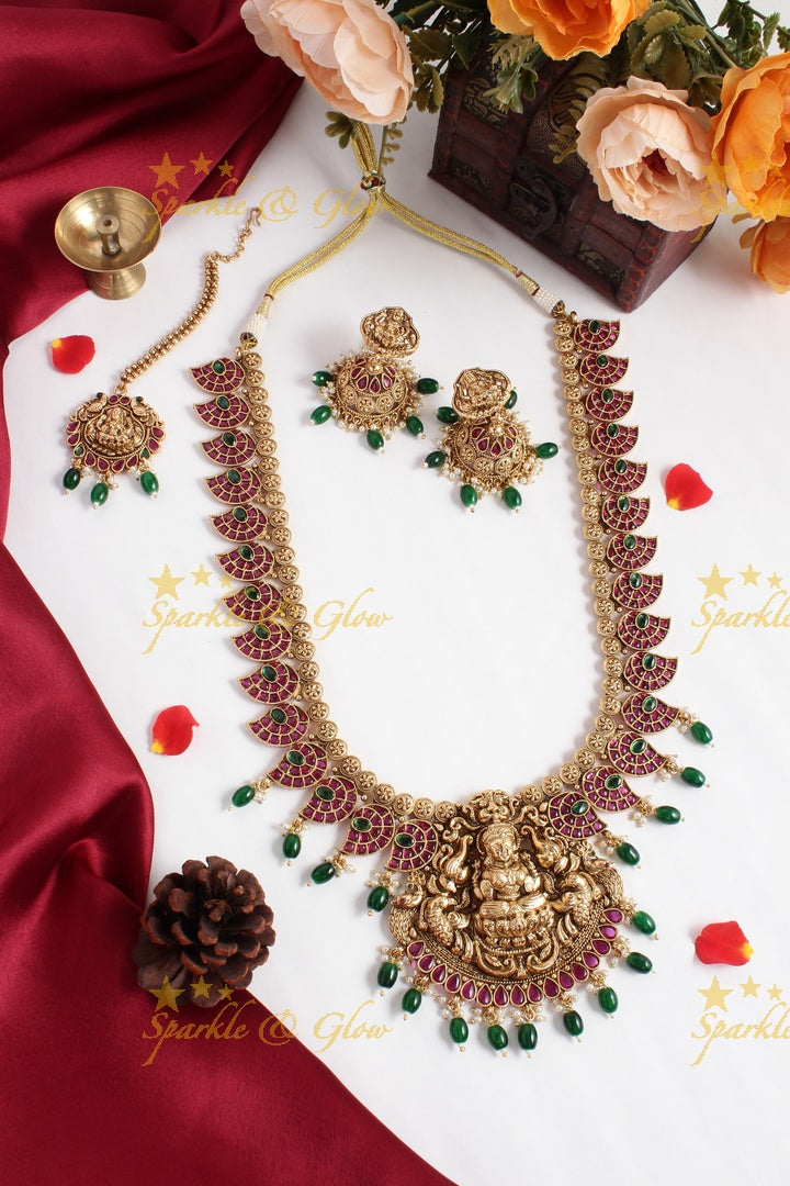 Gold alike mango lakshmi carved elephant gold beads necklace - multi