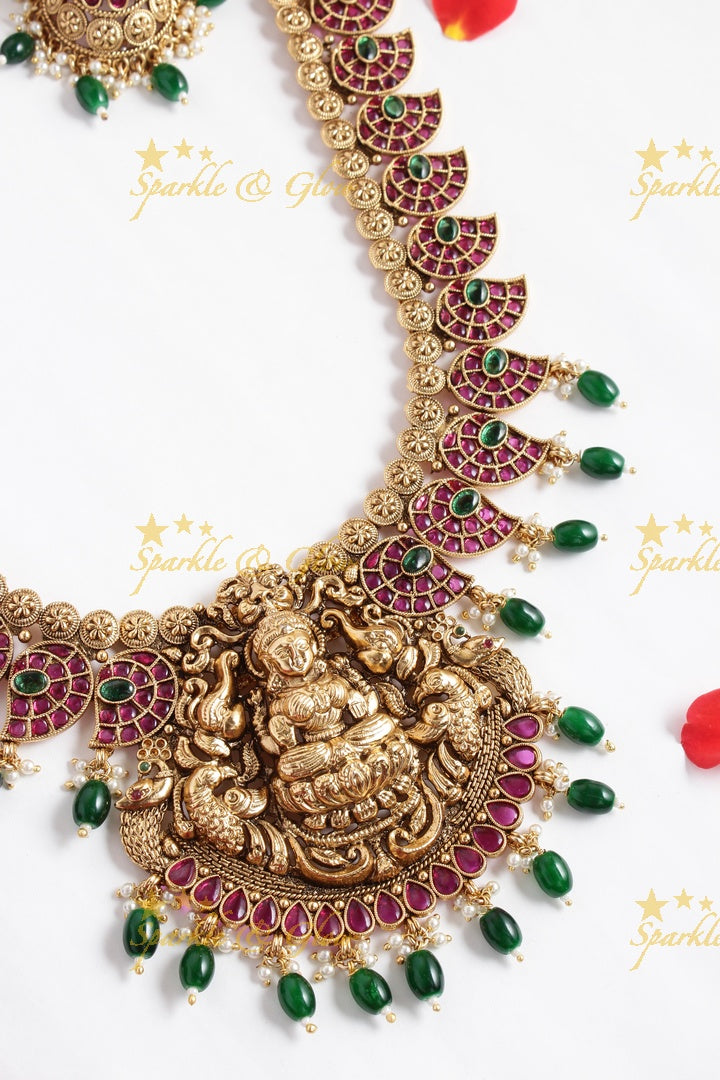 Gold alike mango lakshmi carved elephant gold beads necklace - multi