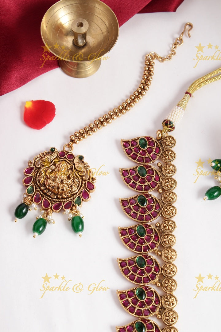 Gold alike mango lakshmi carved elephant gold beads necklace - multi