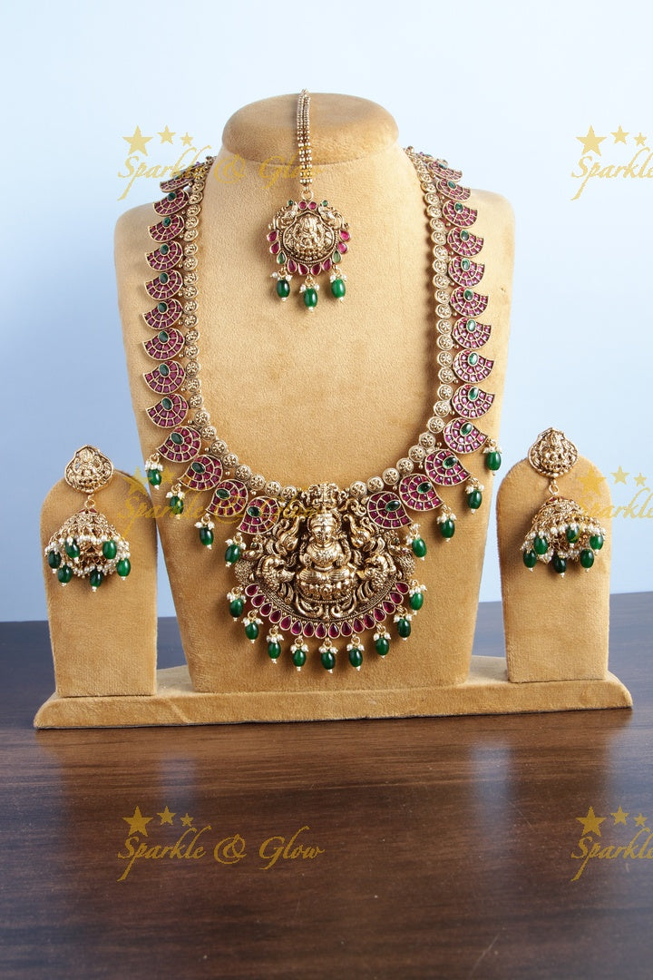 Gold alike mango lakshmi carved elephant gold beads necklace - multi