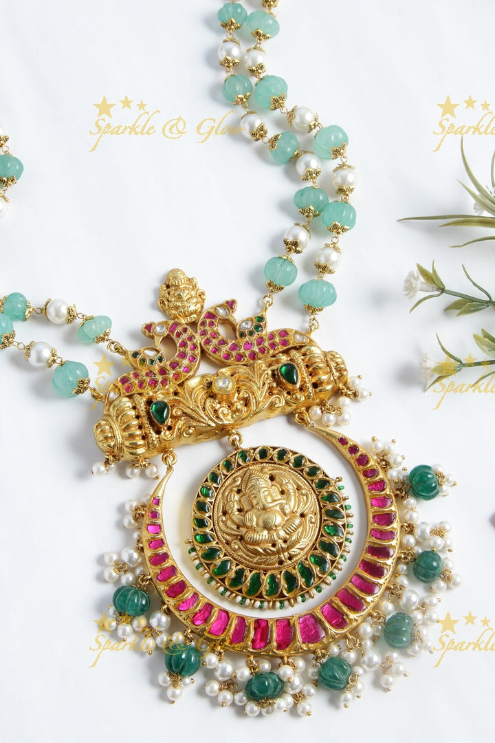 Gold alike pumpkin and pearl necklace with jadau ganesh carved half moon pendent - Sparkle and Glow